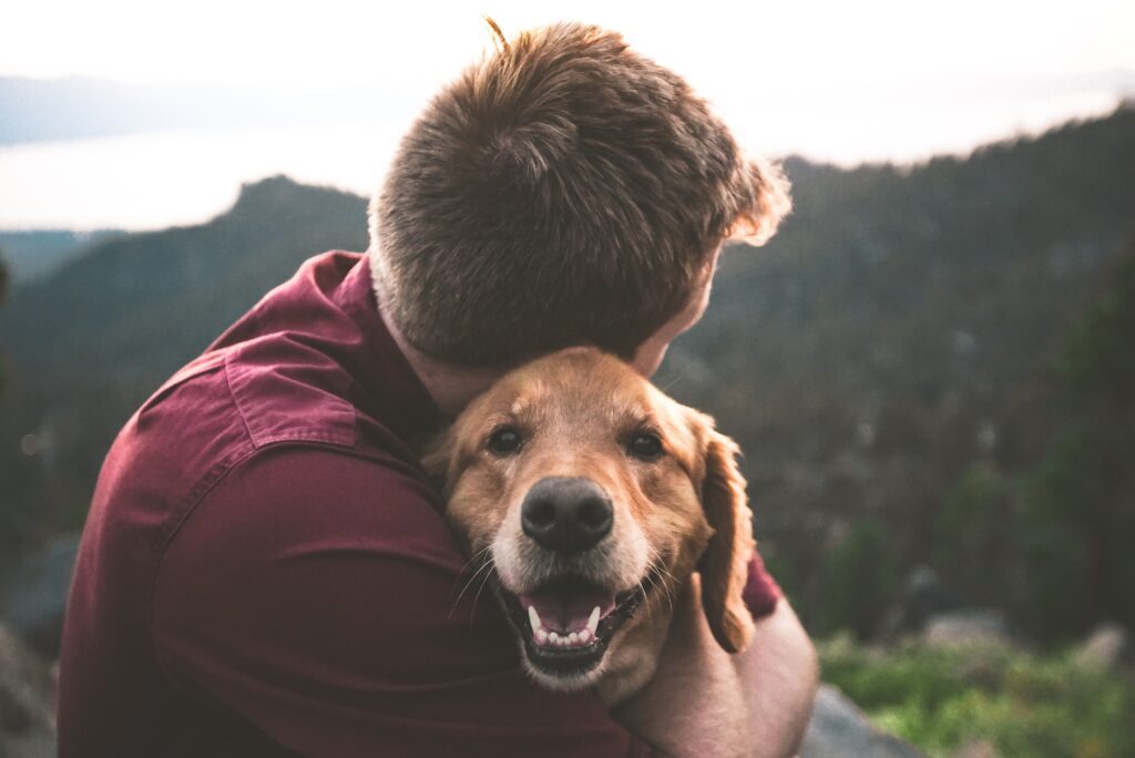 A person in a red shirt hugs a smiling golden retriever outdoors with mountains in the background.