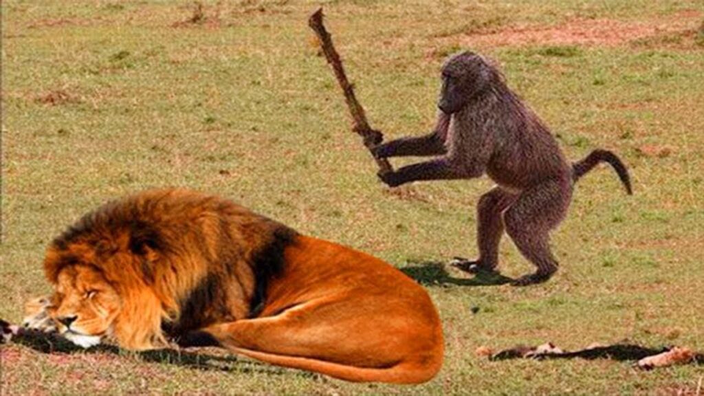 A baboon stands on grassy ground holding a large stick while a lion is lying down nearby. The lion is resting with its eyes closed, unaware of the baboon's presence. The scene takes place in an open, grassy area.