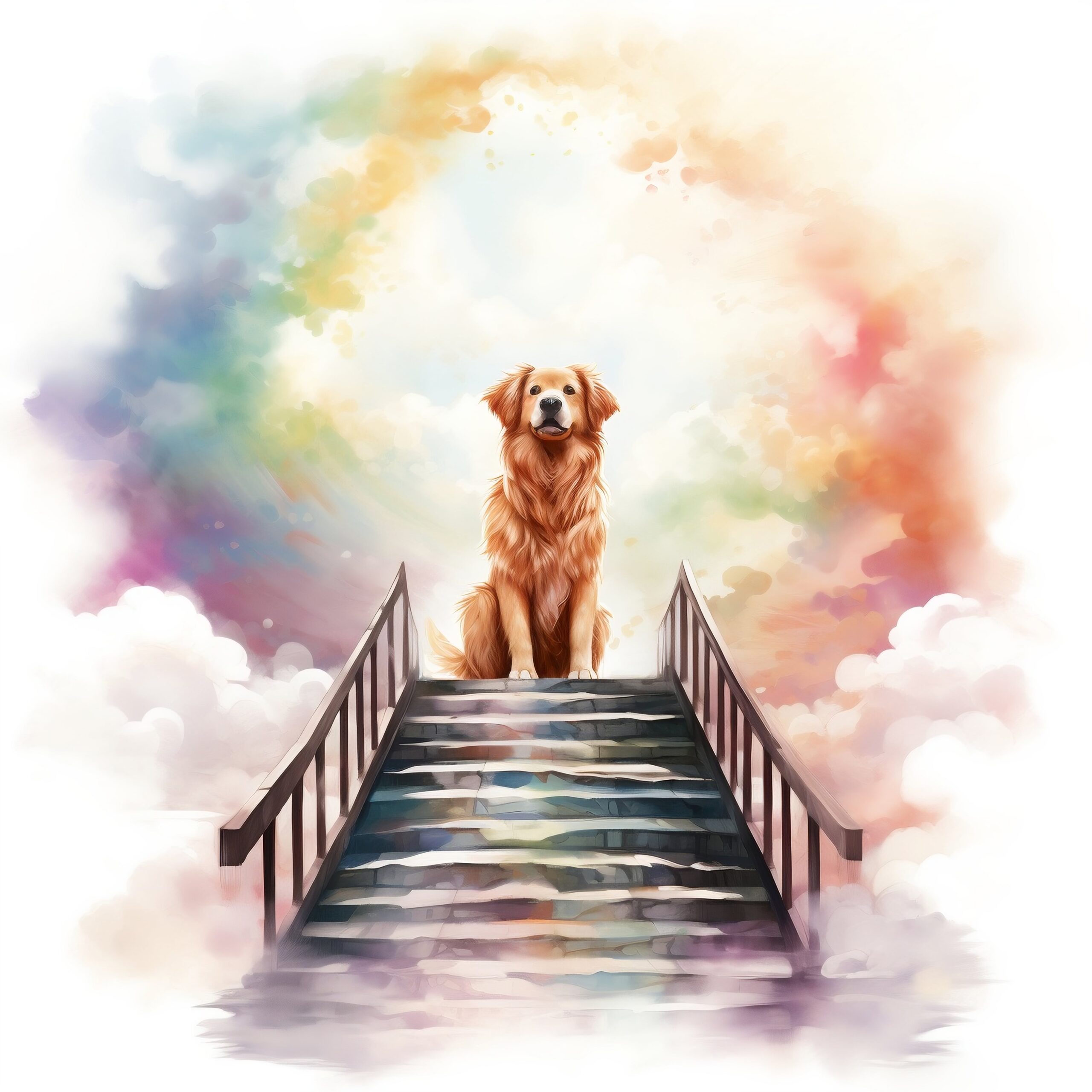 Dog Memories 7 A golden retriever sits at the top of a staircase leading through clouds, surrounded by a colorful, ethereal background, suggesting a heavenly or dreamlike atmosphere.