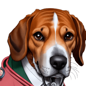 Illustration of a dog wearing a white coat and a stethoscope, resembling a doctor. The dog has a brown and white fur pattern with big, expressive eyes and floppy ears.