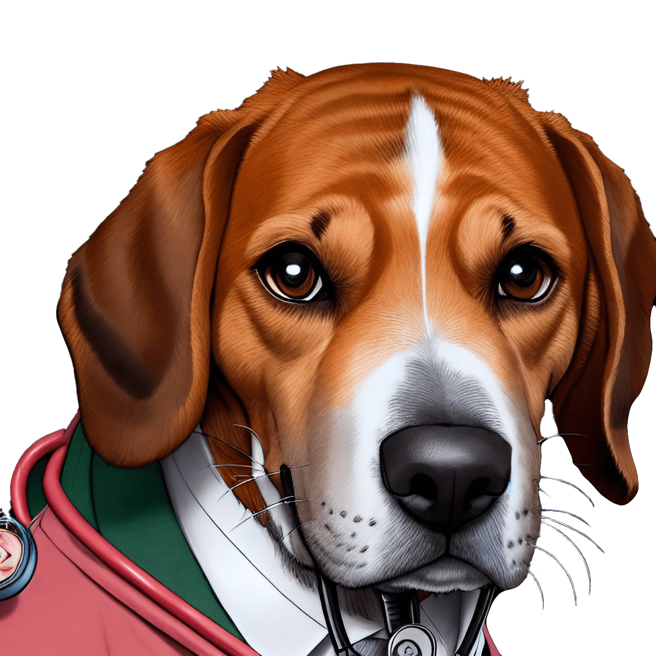 Illustration of a dog wearing a white coat and a stethoscope, resembling a doctor. The dog has a brown and white fur pattern with big, expressive eyes and floppy ears.