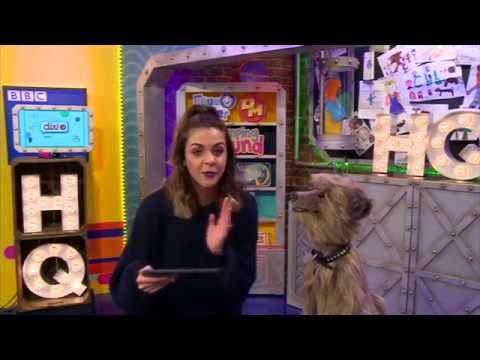 A woman and a puppet dog are on a colorful TV set. The woman is holding a tablet and speaking, while the puppet dog looks at her. Bright signs and drawings decorate the background.