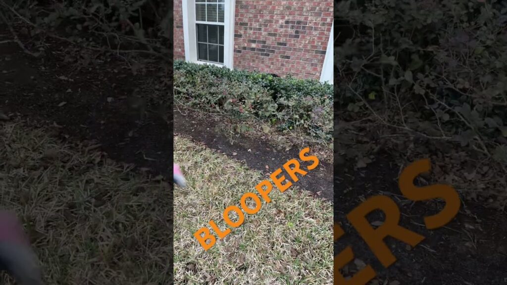 A vertical video still shows a patch of grass in front of a brick building with two windows. The word "BLOOPERS" in large orange text is overlaid on the image diagonally.