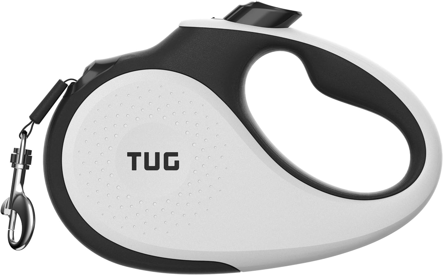 A TUG 360° Tangle-Free Retractable Dog Leash in a black and white design, featuring an ergonomic handle and a small metal clip for collar attachment, with "TUG" printed on the side of its casing.