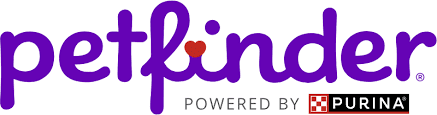 Logo of "petfinder" in purple with a red heart dotting the "i." Below, it says "Powered by" with the Purina logo on the right.