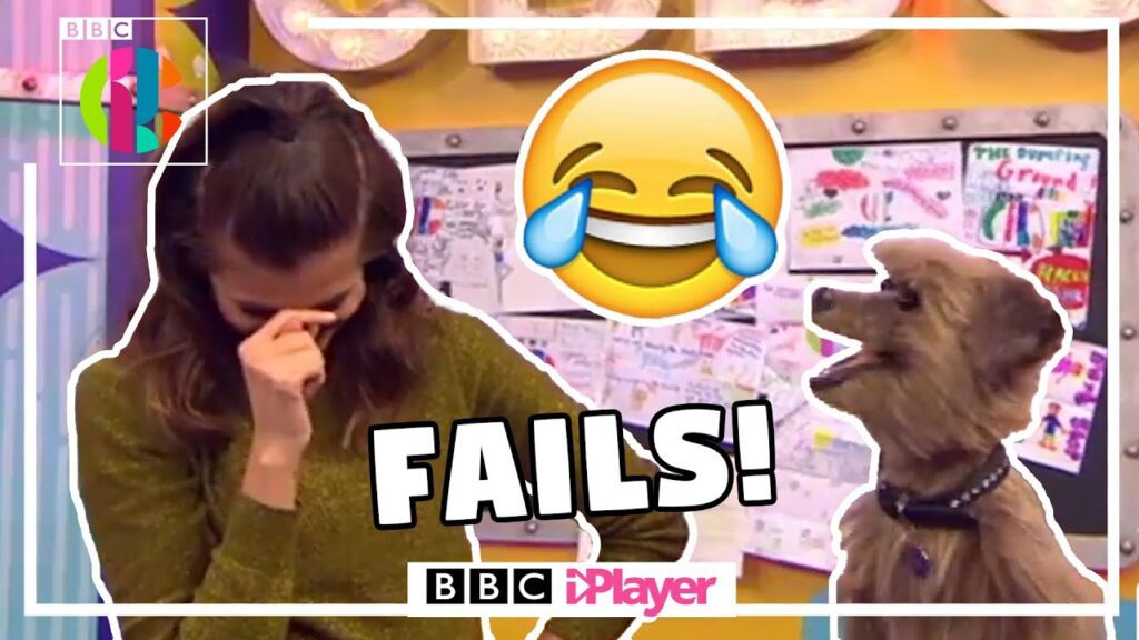 A person laughing and covering their face, next to a laughing dog puppet, with "Fails!" text and BBC iPlayer logo.