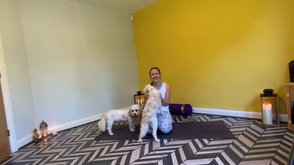 A person kneels on a yoga mat in a room with yellow and white walls, smiling while two dogs stand nearby. Candles and lanterns are placed on the chevron-patterned floor.