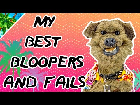 A puppet dog wearing a colorful shirt stands next to bold text that reads, "My Best Bloopers and Fails," with a tropical background featuring palm trees and a gradient orange to pink sky.