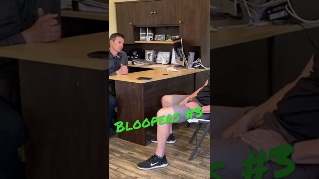 Two people sitting in an office, one at a desk with a computer and the other in a chair. The room has a wooden floor and cabinets. The word "BLOOPERS #3" is written in green text across the image.