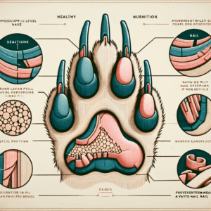 An anatomical diagram of a dog's paw with detailed sections, labels, and illustrations showing bone structures, muscles, and nails in various colored segments. Background includes multiple circular diagrams providing additional information.