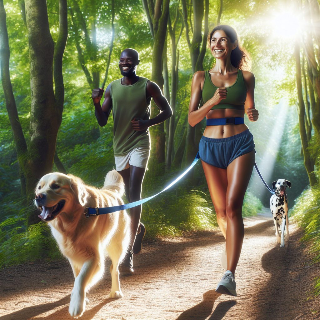 Two people jogging in a sunlit forest with their dogs. The woman on the right is linked to a golden retriever, and the man on the left is beside a Dalmatian. Sunlight filters through the trees, illuminating the path.