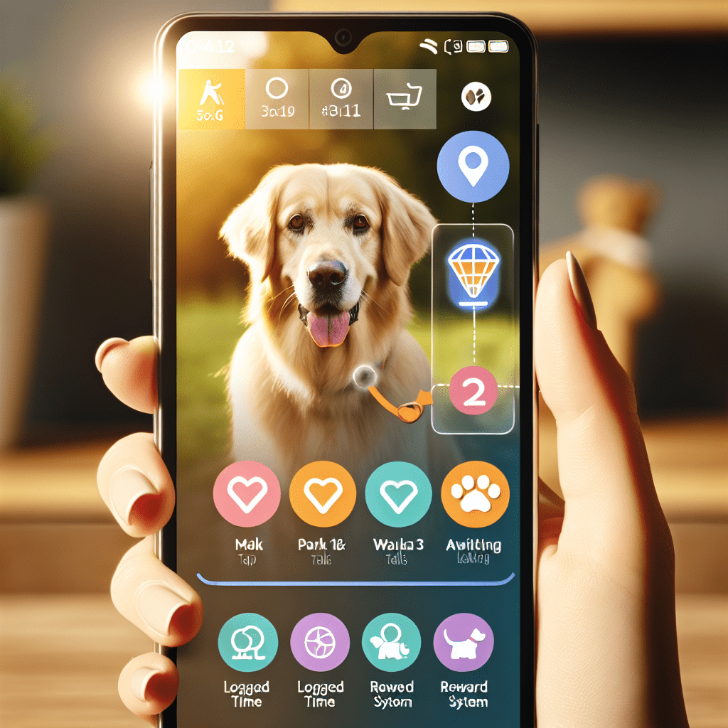 A hand holds a smartphone displaying a customizable pet care app interface. The screen shows a smiling dog photo, location marker, and activity icons like "Walk" and "Park." The background is softly blurred, creating a cozy atmosphere.