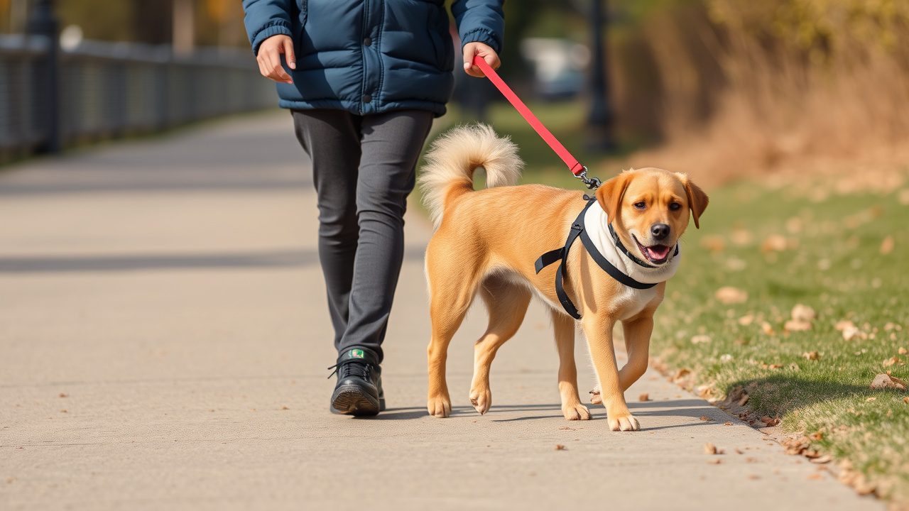 A person in a blue jacket walks a tan dog with a black harness on a pink leash along a paved path. It's a sunny day, and the grass on the side of the path is slightly brown.