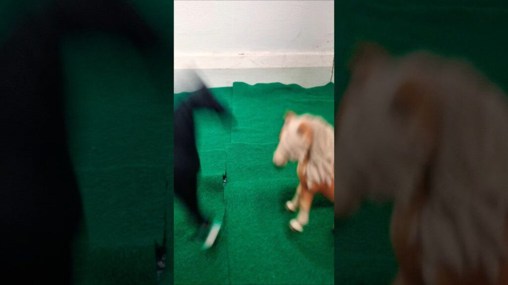 Blurred image of a black horse and a brown and white horse figure on a green surface. The figures appear to be in motion, with the black horse slightly out of focus on the left and the brown and white horse on the right.