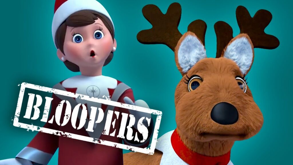 A surprised animated elf with a red and white outfit stands next to a brown reindeer wearing antlers. A stamp with the word "BLOOPERS" is overlaid on the image. The background is teal.