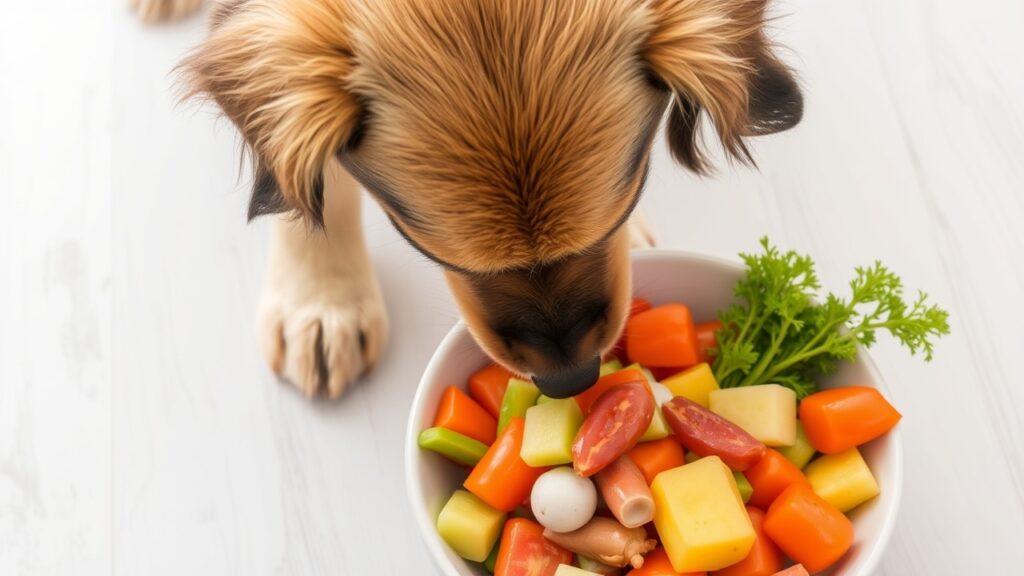 A dog looks at a bowl filled with colorful vegetables, including carrots, tomatoes, and potatoes, on a white surface. A sprig of parsley garnishes the bowl.