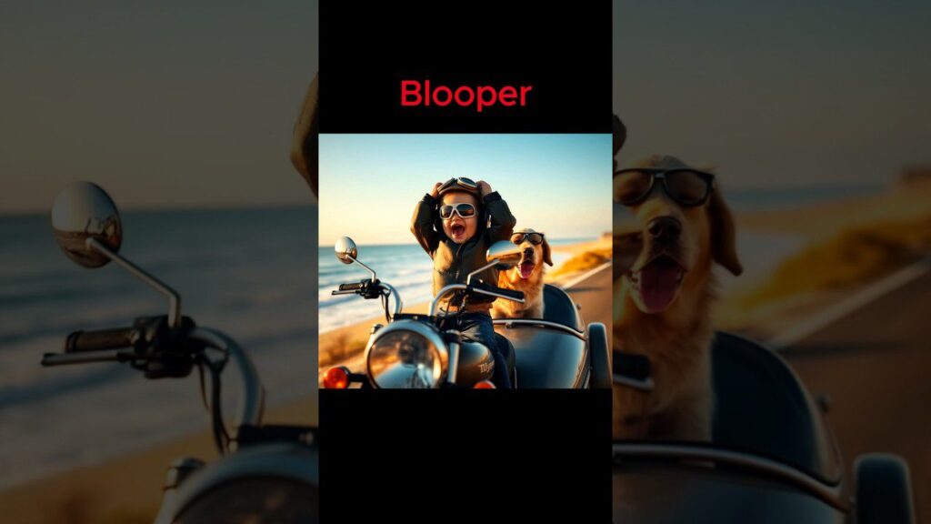 A person rides a motorcycle with a sidecar on a beachside road, accompanied by a dog wearing sunglasses. Both appear joyful, enjoying the ride against a backdrop of sunset and ocean. The word "Blooper" is written at the top.