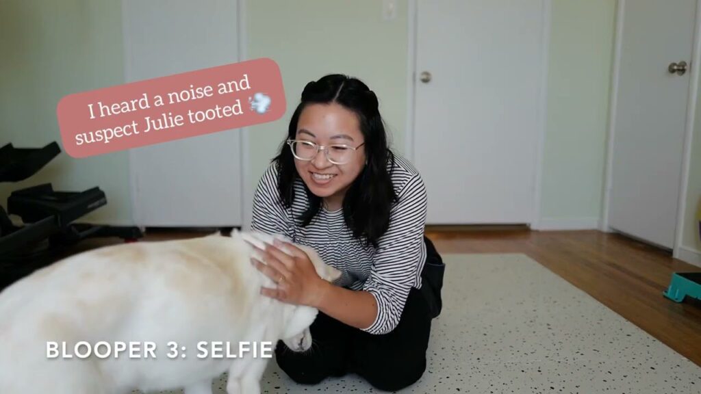 A woman with glasses is kneeling on the floor, smiling at a yellow dog. A text bubble above her reads, "I heard a noise and suspect Julie tooted." The caption at the bottom says "BLOOPER 3: SELFIE.