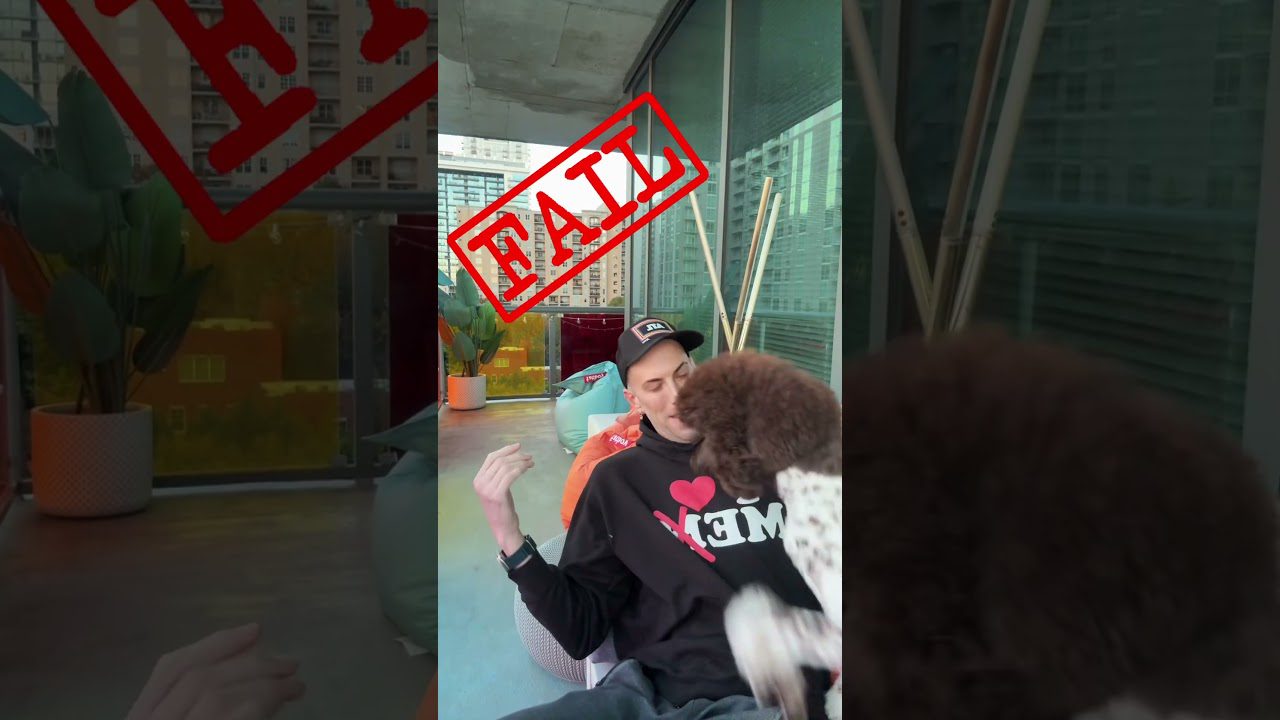 A person sitting on a balcony chair is playfully interacting with a dog. The text "FAIL" in red is stamped across the image. The background shows potted plants, a building, and various items on the balcony.