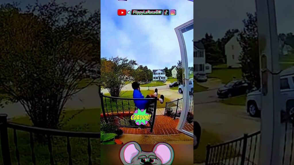 A person in a blue shirt is being thrown off a porch by an inflatable panda. The scene unfolds in a suburban neighborhood with houses and trees in the background. A colorful "BOOM!" cartoon effect is displayed near the person.