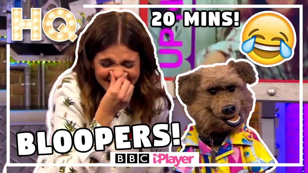 A young woman is laughing with her hand covering her mouth. Beside her is a puppet dog wearing a colorful shirt. Text on the image reads "Bloopers! 20+ Mins!" and includes a laughing emoji. The BBC iPlayer logo is also present.